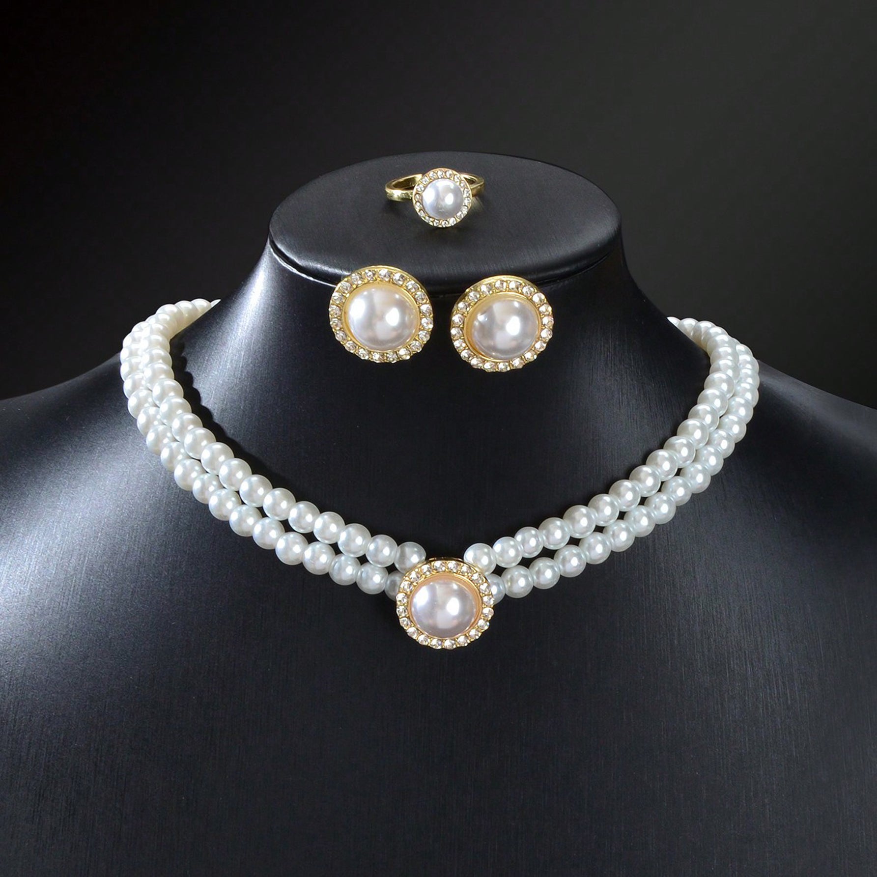 Elegant Anniversary Wedding Jewelry set Imitation Pearl Chain Collar Necklace Finger Ring and Stud Earrings for Women