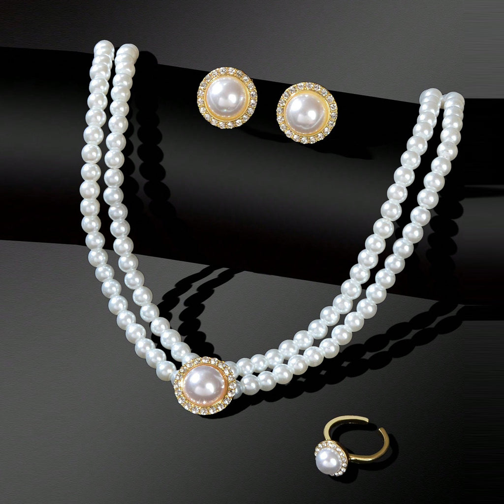 Elegant Anniversary Wedding Jewelry set Imitation Pearl Chain Collar Necklace Finger Ring and Stud Earrings for Women