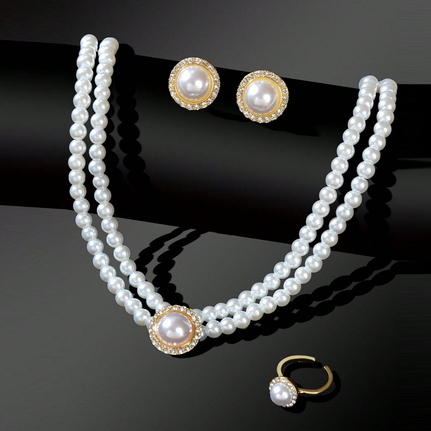 Elegant Anniversary Wedding Jewelry set Imitation Pearl Chain Collar Necklace Finger Ring and Stud Earrings for Women
