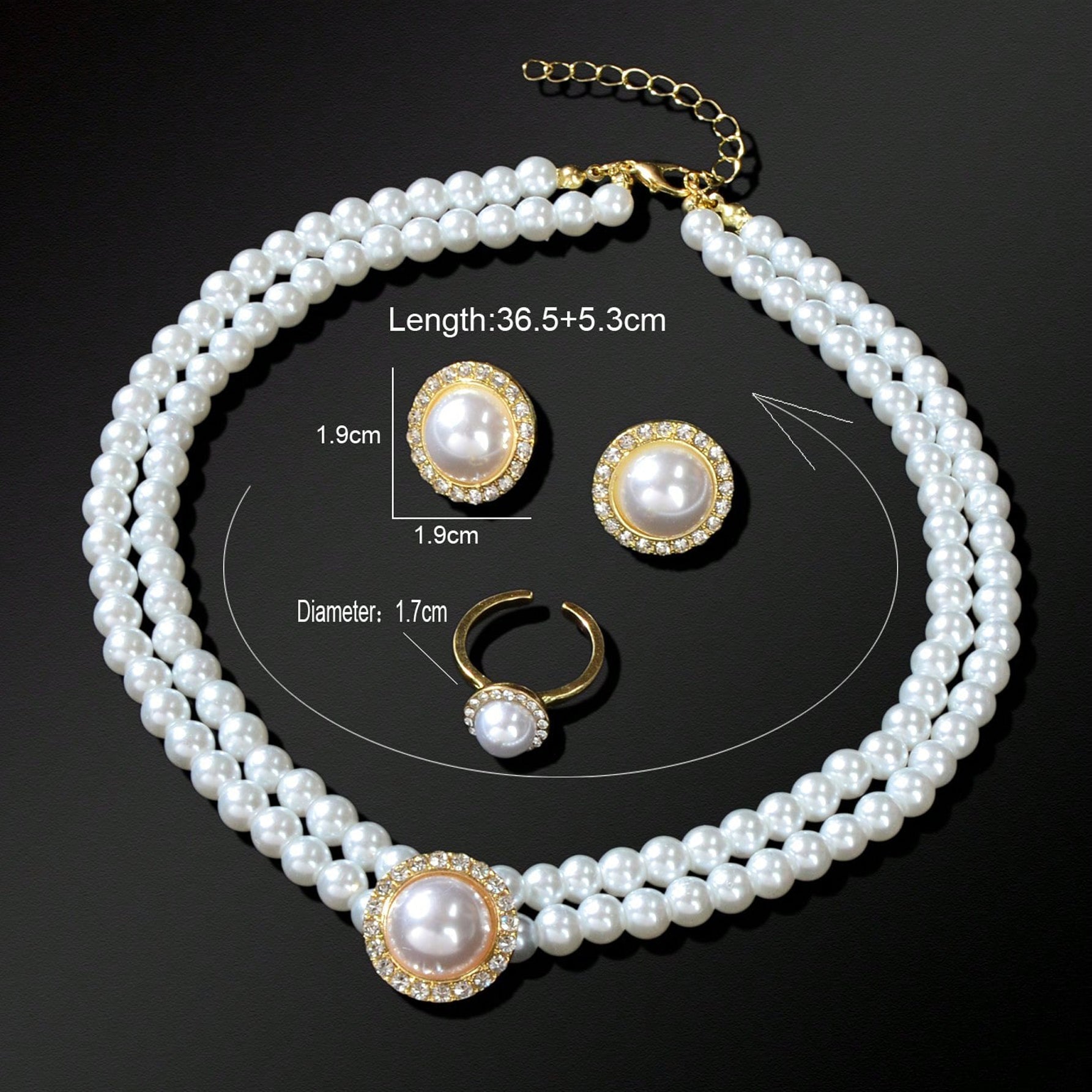 Elegant Anniversary Wedding Jewelry set Imitation Pearl Chain Collar Necklace Finger Ring and Stud Earrings for Women