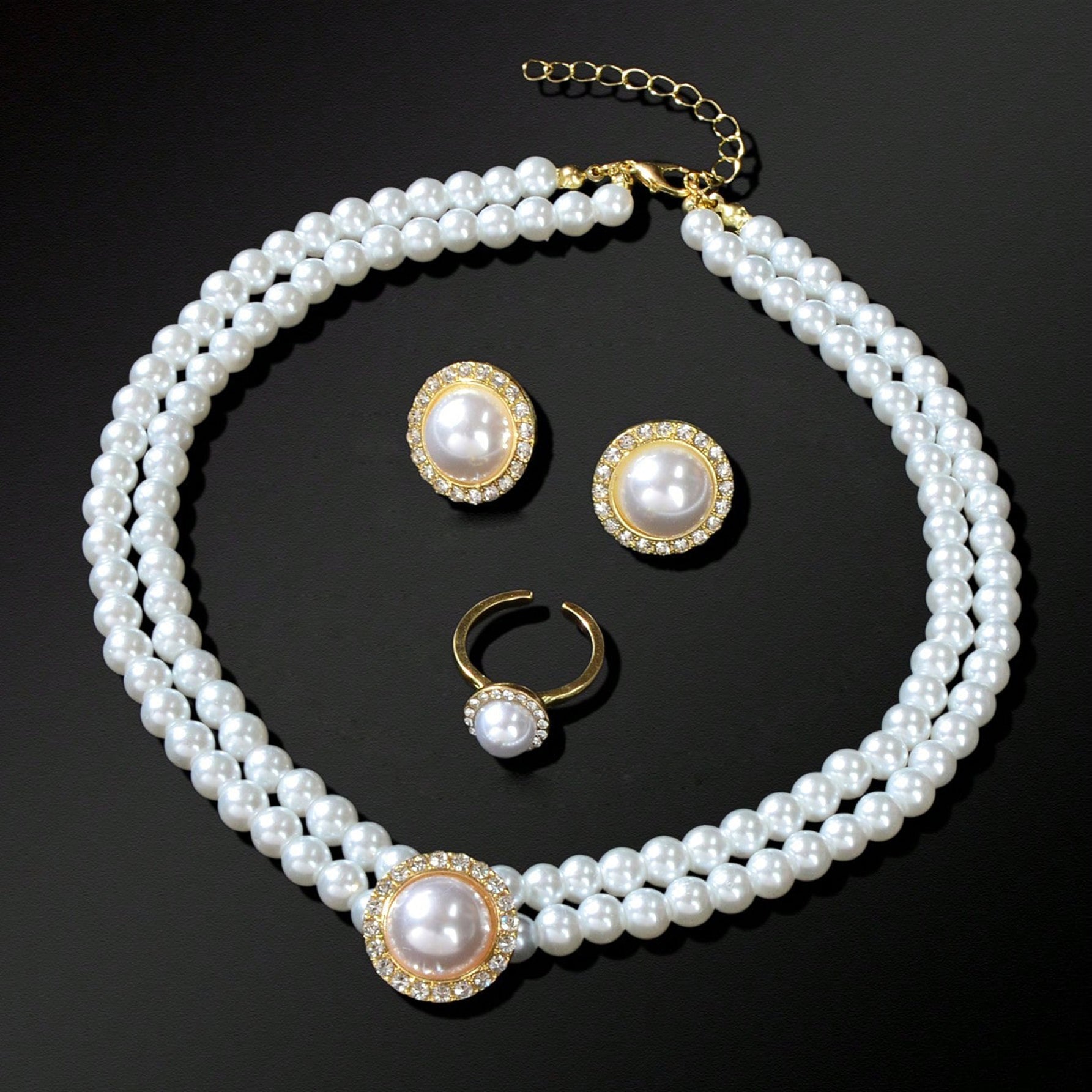 Elegant Anniversary Wedding Jewelry set Imitation Pearl Chain Collar Necklace Finger Ring and Stud Earrings for Women