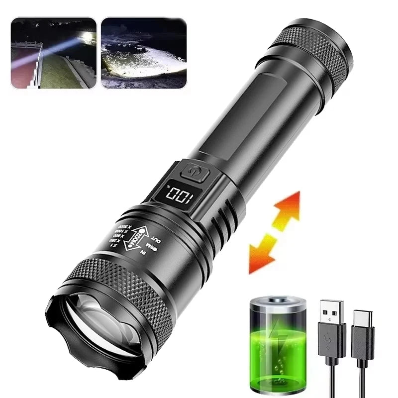 High-power Led Flashlight USB Rechargeable Torch Zoomable Light with Built-in Battery Camping Hiking Lantern Emergency Lamp