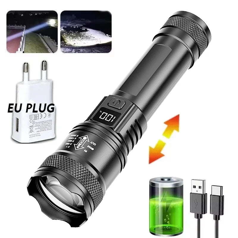 High-power Led Flashlight USB Rechargeable Torch Zoomable Light with Built-in Battery Camping Hiking Lantern Emergency Lamp